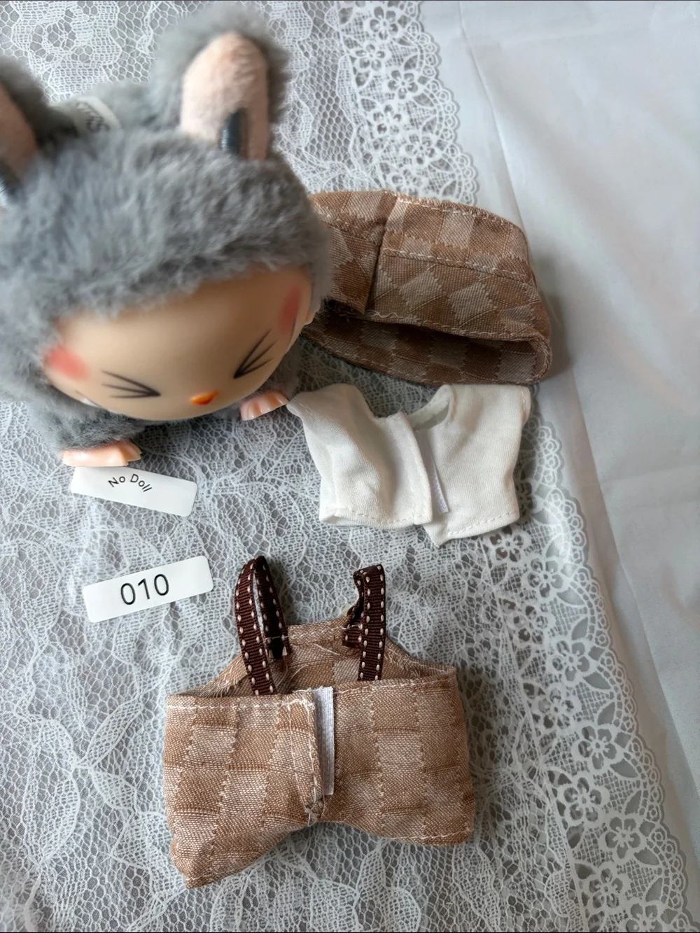 010, 3 Piece Prada Logo Beige Overalls/White shirt and hat 4 Labubu doll(No Doll